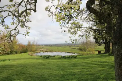 a pond in the middle of a field with trees at Chapel Beck, Nr Caldbeck ideally family accommodation with hot tub in Sebergham
