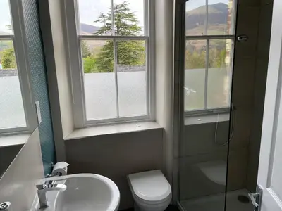 a bathroom with a sink and a toilet and windows at Cameron Fell Apartment Keswick at The Lairbeck in Keswick