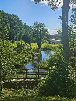 a pond with a fence and a horse in a field at The Sunny Bunny Holiday Home in Ballantrae