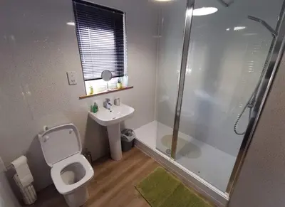 a bathroom with a shower and a toilet and a sink at Cairnyard Lodges - Woodrow in Beeswing