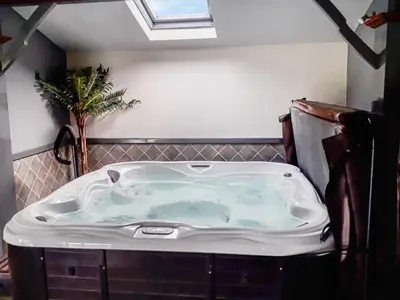 a bath tub in a bathroom with a skylight at Halls Bank Farm in Plumbland