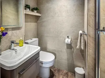 a bathroom with a sink and a toilet and a shower at Flat 4 in Keswick