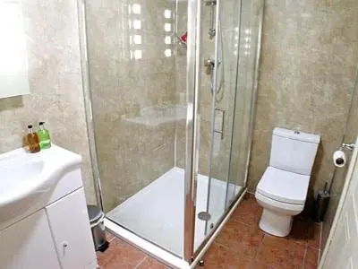 a bathroom with a shower and a toilet and a sink at Little Beck in Troutbeck