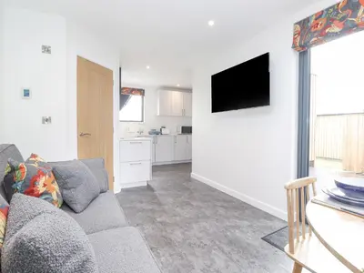 a living room with a couch and a tv on a wall at Bluebell Cabin in Penrith