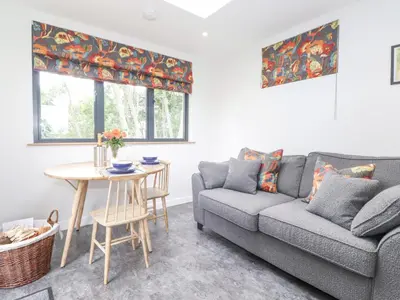 a living room with a couch and a table at Bluebell Cabin in Penrith