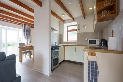 a kitchen with a stove and a counter top at Dalgarnock Cottage in Thornhill