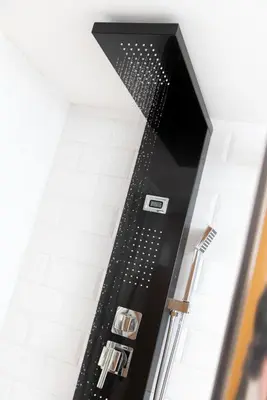 a bathroom with a black and white shower at Cottage - Sleeps 4 hot tub & pet friendly in Carlisle
