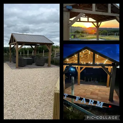 a collage of three pictures of a pavilion at Maneight Luxury Lodge with hot tub in New Cumnock