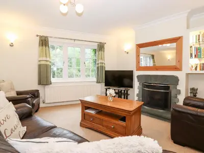 a living room with a couch and a fireplace at Holly Cottage in Ambleside