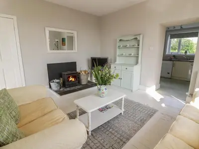 a living room with a couch and a fireplace at West Lodge in Dumfries