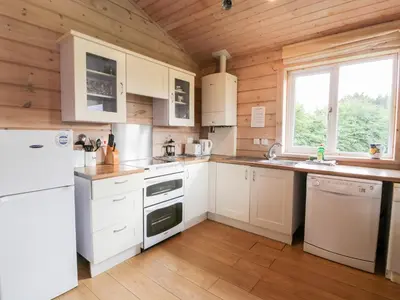 a kitchen with white appliances and a wooden ceiling at Curlew Lodge in Dumfries