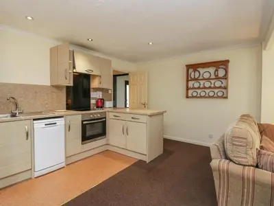 a kitchen with white appliances and a couch at Dogwood Timber Lodge in Keswick