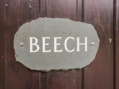 a sign that says peach on a wooden door at Beech Timber Lodge in Keswick