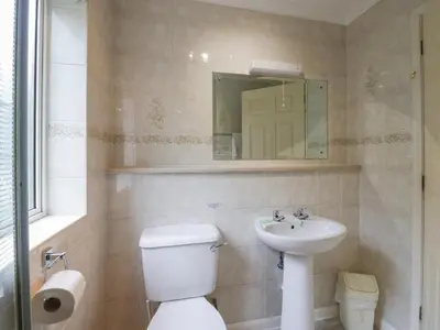 a bathroom with a toilet and a sink and a mirror at Chestnut Timber Lodge in Keswick