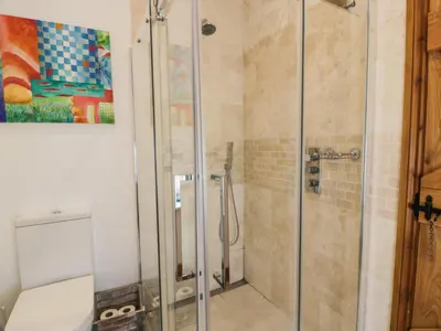 a bathroom with a shower with a toilet and a painting at Kilnmark Bothy in Thornhill