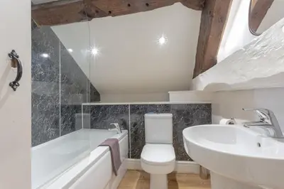a bathroom with a toilet and a sink and a tub at Goody Bridge Barn in Grasmere