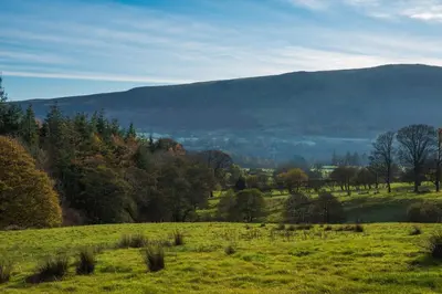 a green field with trees and mountains in the background at The Hidden Place in Penrith