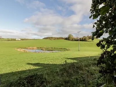 a pond in the middle of a green field at Hardhills Cottage in Castle Douglas