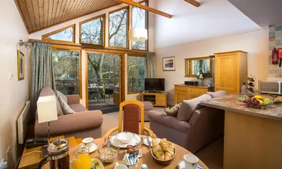 a living room with a kitchen and a living room with a table at Keswick Bridge Lodge Resort in Keswick