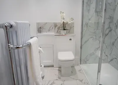a white bathroom with a toilet and a shower at Bridge View in Annan