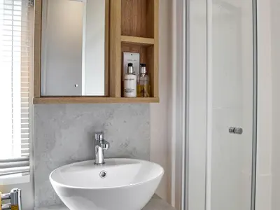a bathroom with a white sink and a mirror at Gill Bay - Uk45513 in Mainsriddle