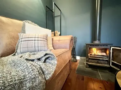 a living room with a couch and a stove at Chestnut Cottage in Dalmellington