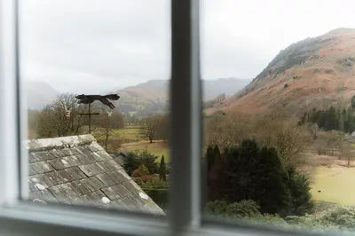 a bird perched on top of a roof looking out a window at Grey Walls in Penrith