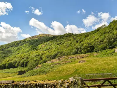 a green hillside with a wooden fence on it at Church House Cottage in Ulpha