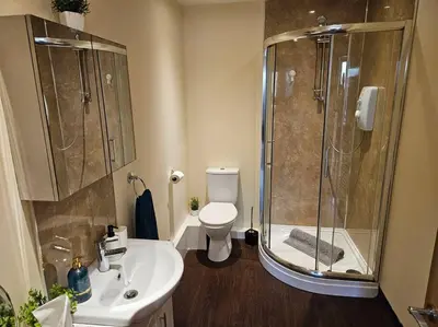a bathroom with a shower and a toilet and a sink at Carlisle City Centre. Spacious Apartment. Ideal location. in Carlisle