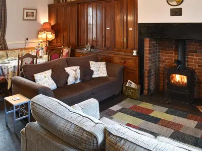 a living room with a couch and a fireplace at Harebeck Cottage in Gosforth