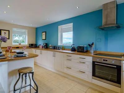 a large kitchen with blue walls and a counter at 1 Bed in Grinsdale Bridge 85163 in Carlisle