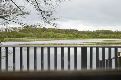 a view of a body of water behind a fence at Chiffchaff Lodge with Hot tub in Carlisle