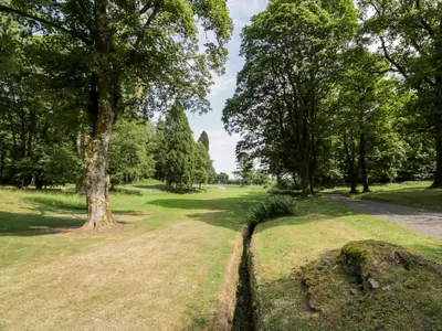 a field of grass with trees and a road at The Stables in Dumfries