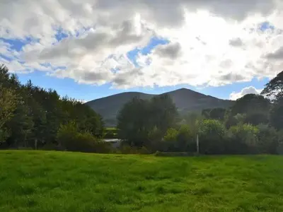 a green field with trees and mountains in the background at Criffel View in Dumfries