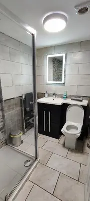 a bathroom with a shower and a toilet and a sink at A Whole Terrace house to you in Distington