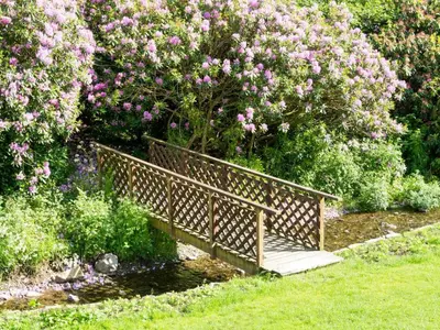 a wooden bench in a garden with pink flowers at 6 Bed in Workington oc-sz151 in Lamplugh