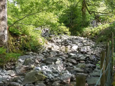 a stream of rocks in a forest with trees at 2 Bed in Keswick oc-sz068 in Rosthwaite