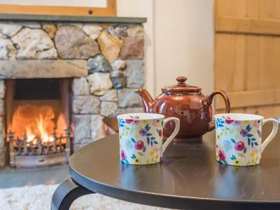 two cups and a tea pot on a table in front of a fireplace at 2 Bed in Keswick oc-sz415 in Bassenthwaite
