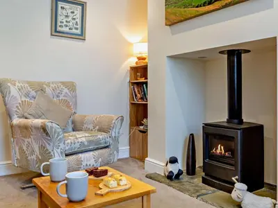a living room with a wood stove and a couch at 2 Bed in Keswick oc-sz026 in Keswick