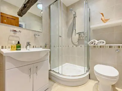 a bathroom with a shower and a toilet and a sink at 4 Bed in Penrith oc-sz367 in Dockray