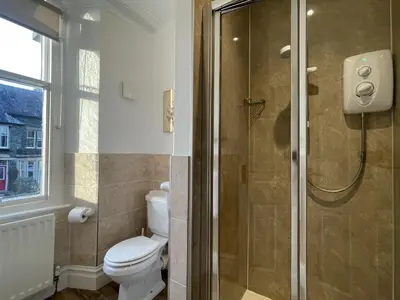 a bathroom with a toilet and a shower at Ellergill in Keswick