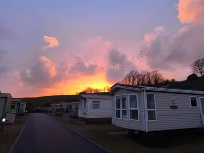 a group of birds flying over a house at sunset at Winnie - Caravan mit Meerblick in Drummore