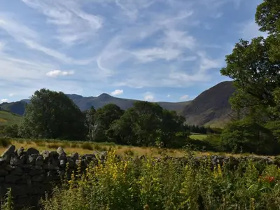 a stone wall in a field with mountains in the background at 4 Bed in Cockermouth oc-85979 in Buttermere