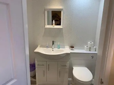 a bathroom with a white sink and a toilet at The Village Inn in Kirtlebridge