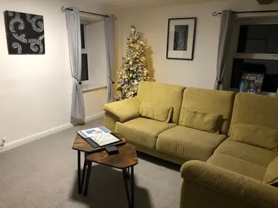 a living room with a couch and a christmas tree at Barncroft: Dogs welcome, dog care services offered in Cockermouth