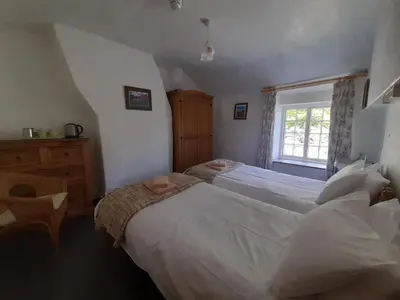 a bedroom with two beds and a window at Burnthwaite Farm B&B in Wasdale