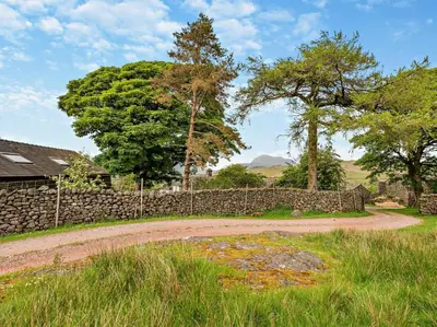 a dirt road next to a stone wall and trees at 3 Bed in Eskdale 94529 in Eskdale