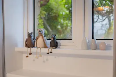 a group of birds sitting on a window sill at Rockwood- Grasmere family cottage with Hot tub in Grasmere