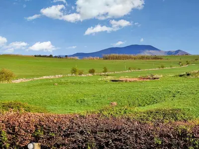 a field with green grass and mountains in the background at Forrest Lodge in Plumbland