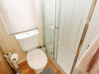 a bathroom with a toilet and a shower at Plot 32 in Carlisle